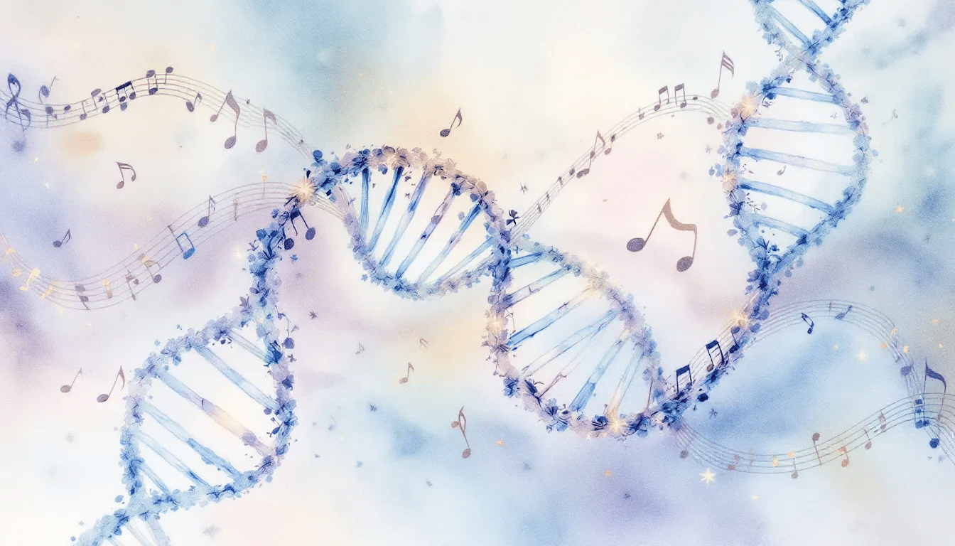 A visual representation of DNA strands intertwined with musical notes, symbolizing healing.
