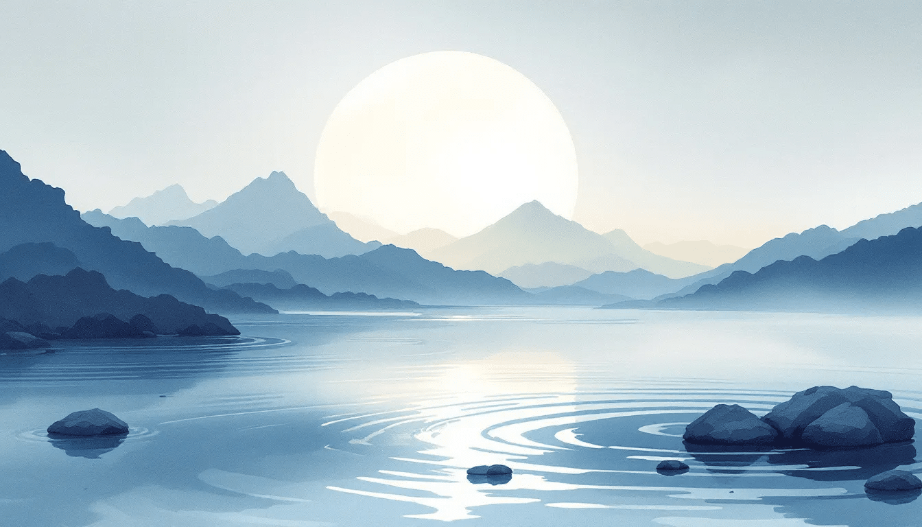 An artistic representation of meditation music and its calming effects.