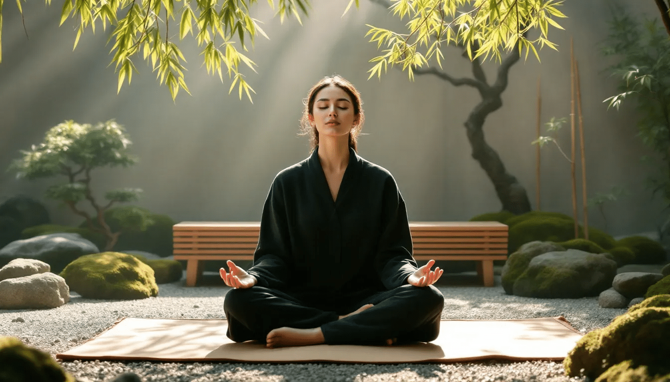 An individual practicing mantra meditation, focusing on their breath and reciting a mantra.