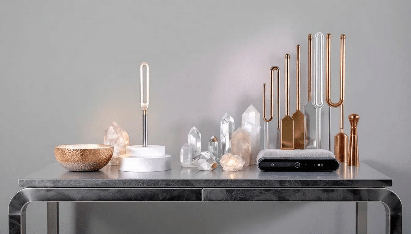 A collection of tools used in frequency healing techniques.