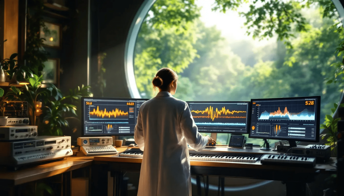 A scientist analyzing sound frequencies, including 528 Hz and 440 Hz.