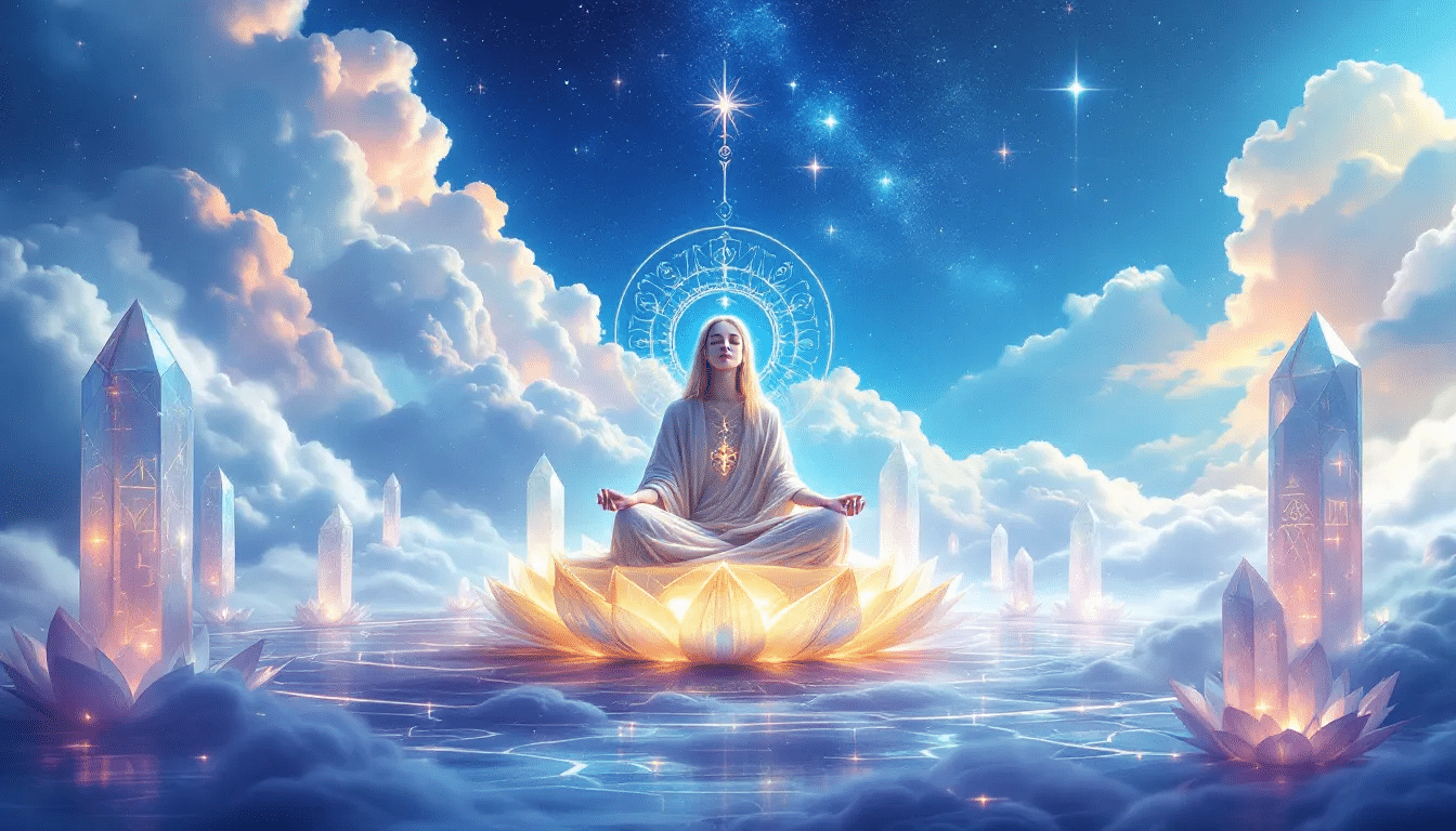 An illustration depicting various solfeggio frequencies music being played in a serene environment.