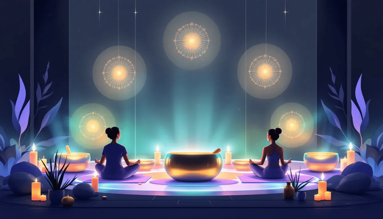 A serene sound bath setup with singing bowls, representing healing frequencies and their benefits.
