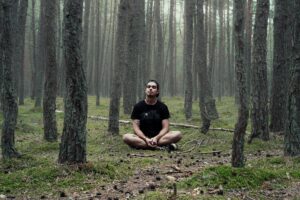 sitting in woods and meditating