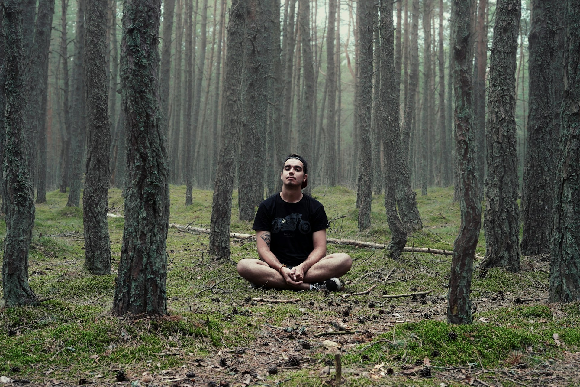 sitting in woods and meditating