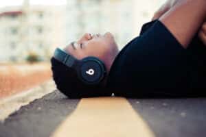 wearing black and gray headphones