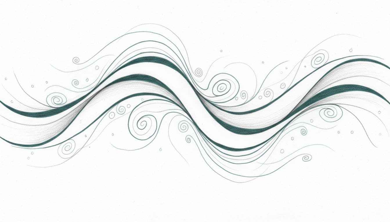 Best Meditation Music for Sleep and Deep Rest 1 Hand-drawn sketch of gently flowing abstract waves representing binaural beats and theta frequencies, evoking deep relaxation and sleep on a clean white background.