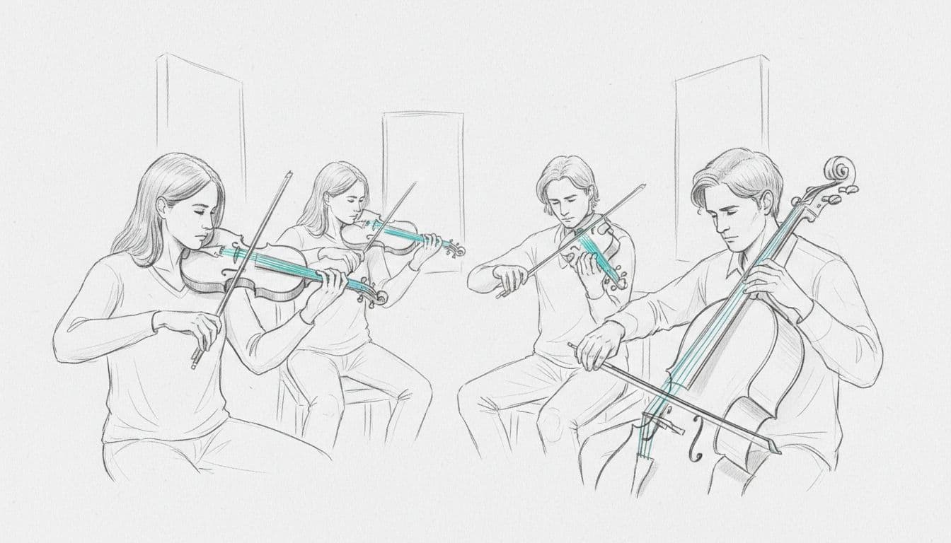 Best Meditation Music for Sleep and Deep Rest 2 Hand-drawn graphite sketch of exactly four musicians playing violins and cellos in a dimly lit studio for deep sleep music.