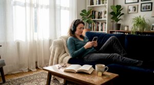 Woman listening to relaxation music in living room