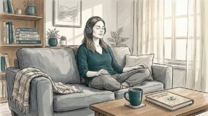 Woman relaxes listening meditation playlist