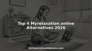 Woman using meditation app in cozy living room