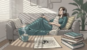 Woman listening to orchestral music in living room