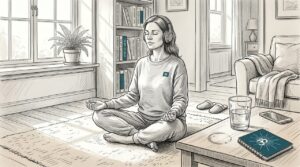 Woman meditating with music in cozy living room