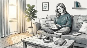 Woman choosing relaxation soundscape at home