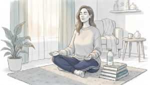 Woman meditating in morning living room
