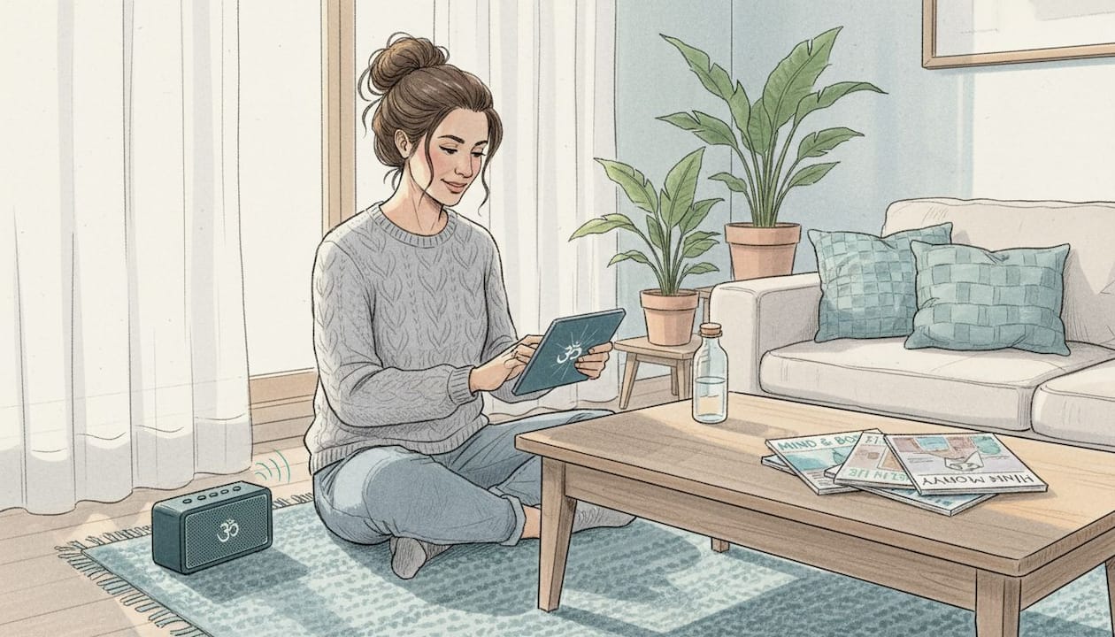 Woman browsing relaxation music playlist in living room