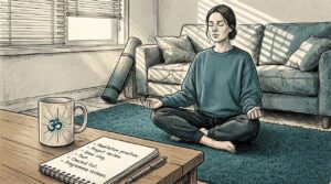 Woman meditating in sunlit living room