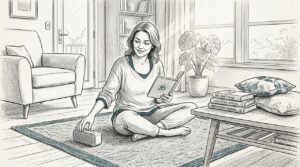 Woman preparing for meditation in sunlit living room