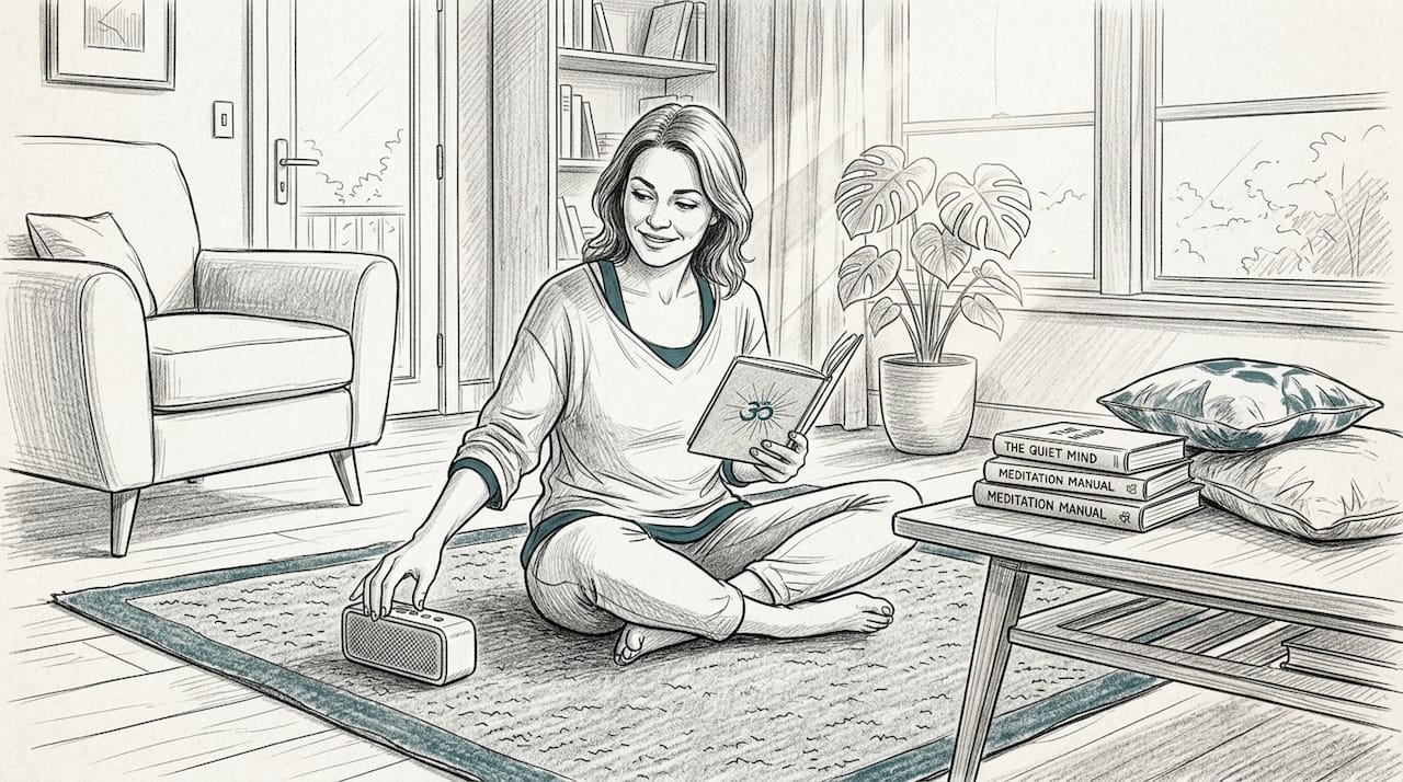 Woman preparing for meditation in sunlit living room