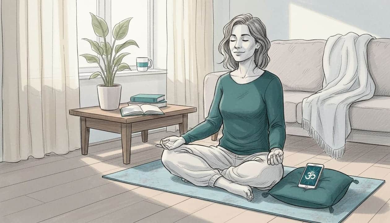 Woman listening to guided meditation at home