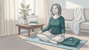 Woman listening to guided meditation at home