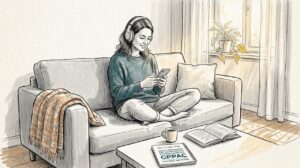 Woman enjoying music on headphones at home