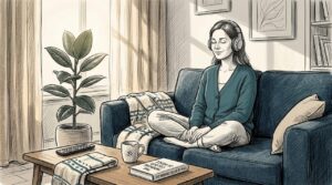 Woman relaxing with headphones at home
