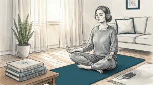 Woman meditating with headphones in living room