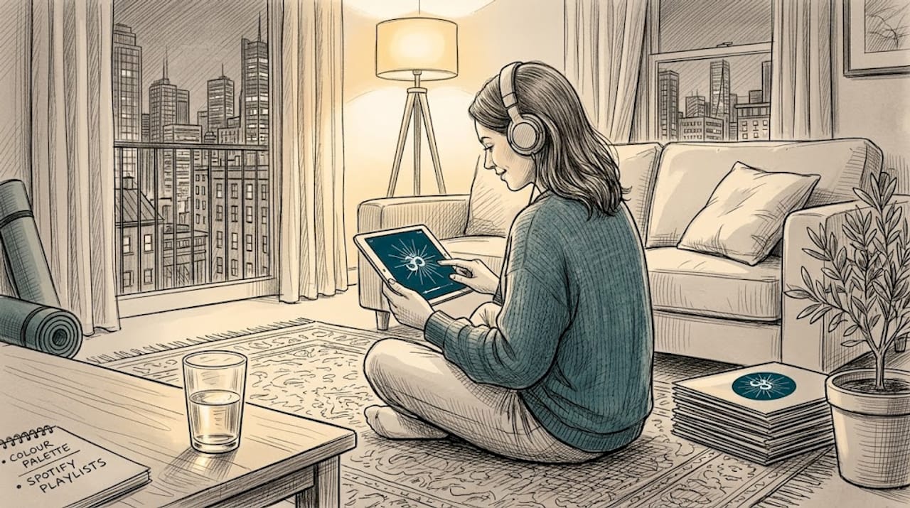 Woman creating relaxation playlist in cozy living room