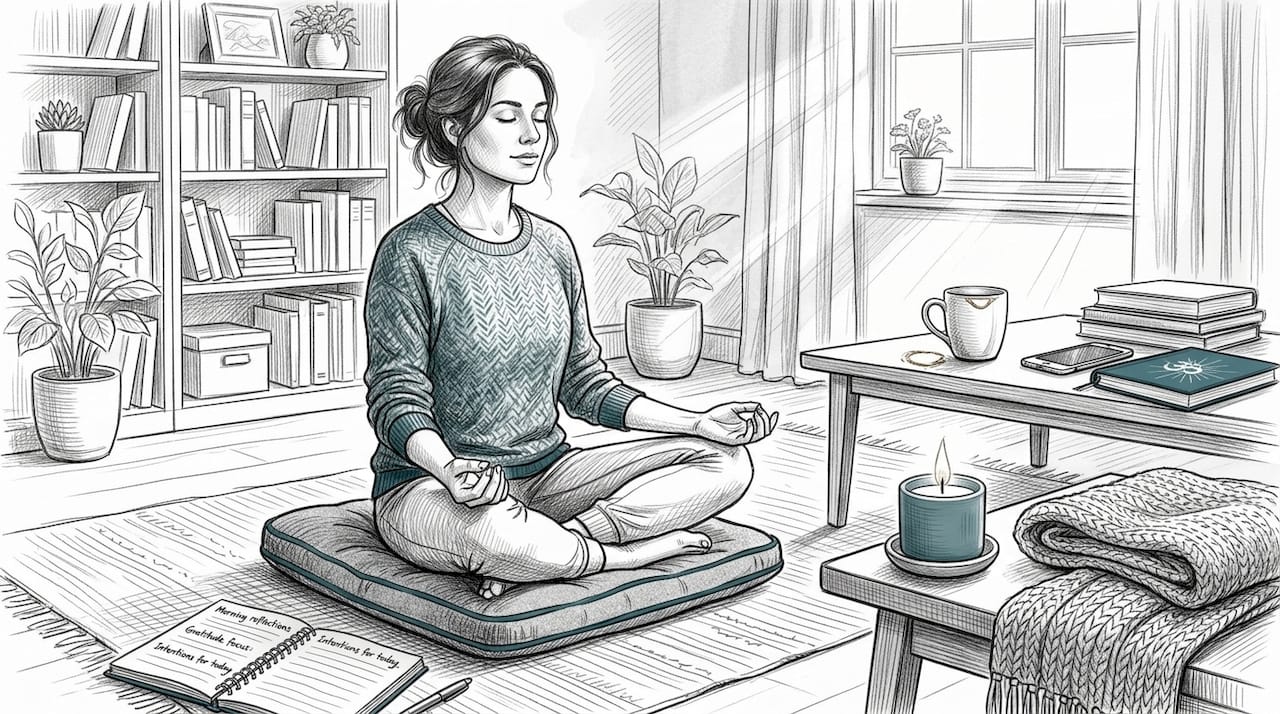 Woman meditating in sunlit living room