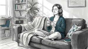 Woman listening to meditation music in living room