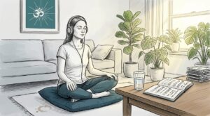 Woman meditating with headphones in living room