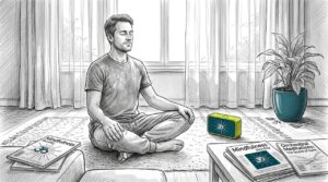 Person meditating with soundscape in living room
