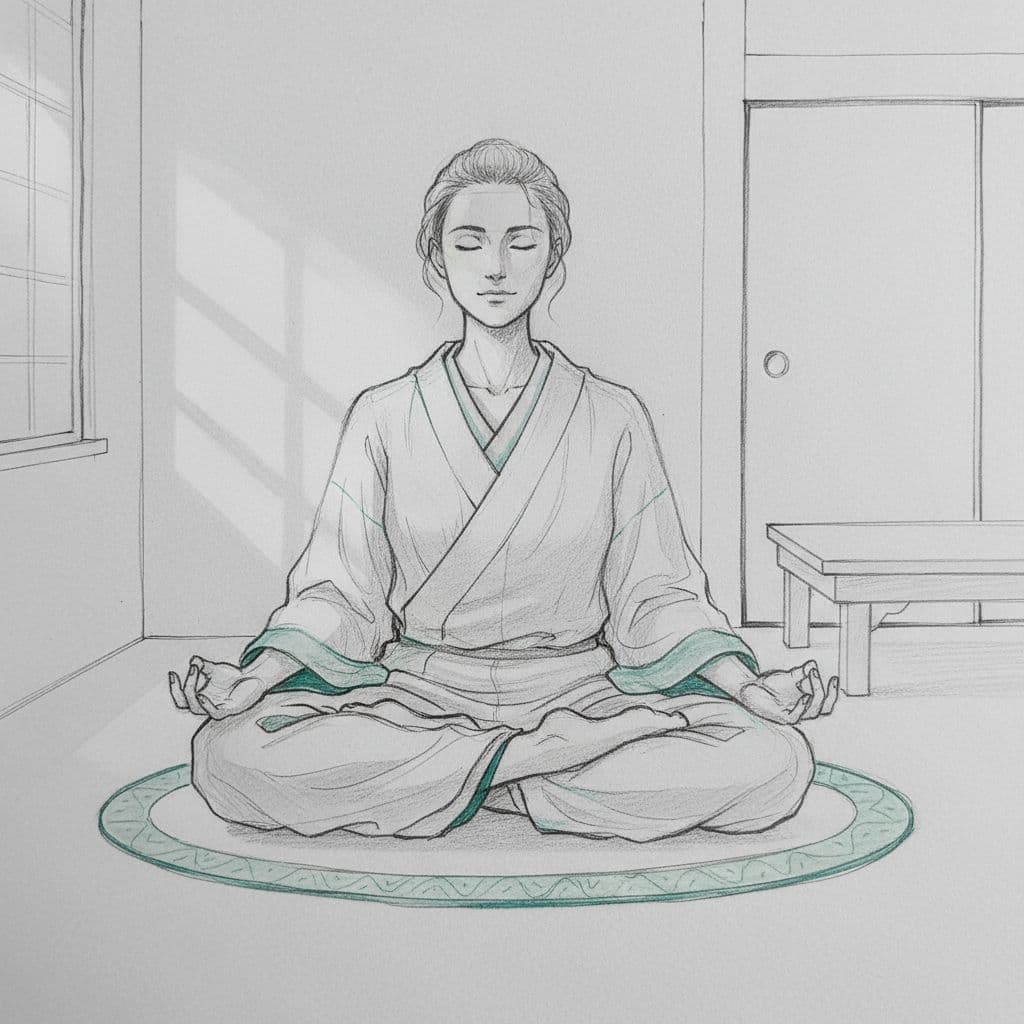 Alpha vs Theta Waves for Meditation and Focus, Which State Fits Best? 1 A person sits in lotus position meditating peacefully in a quiet room with soft natural light from a window, depicted in hand-drawn graphite sketch style with light shading on a very light gray paper background.