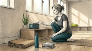 Yoga instructor preparing music in studio
