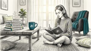 Woman relaxing with journal and headphones