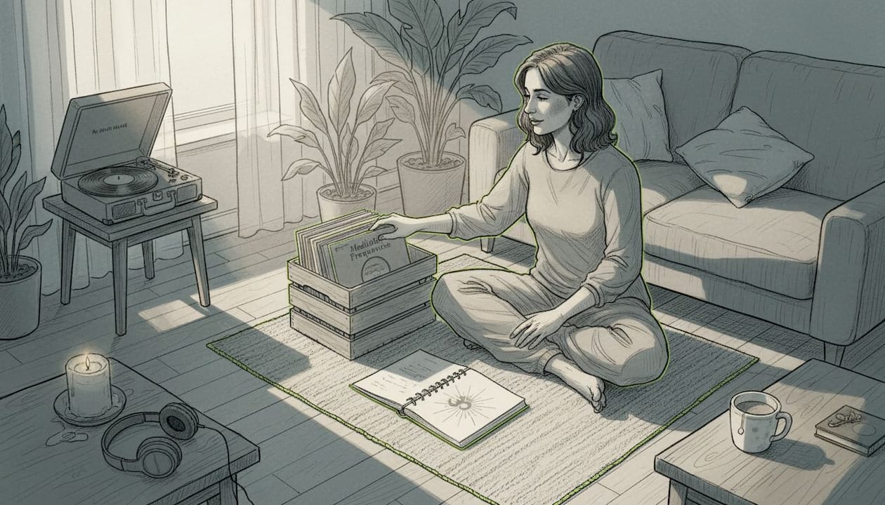 Woman choosing music for meditation session