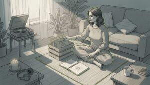 Woman choosing music for meditation session