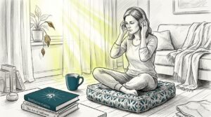 Woman prepares headphones for meditation at home