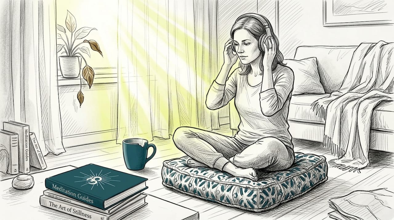 Woman prepares headphones for meditation at home