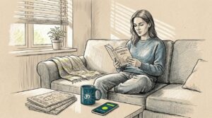 Woman reading and relaxing on home sofa