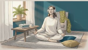 Woman meditating with headphones in living room