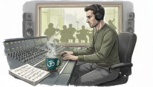 Engineer mixes music at Abbey Road console