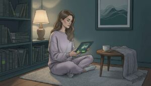 Woman queuing meditation routine in sunlit living room