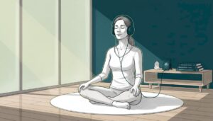 Woman meditating with headphones in living room