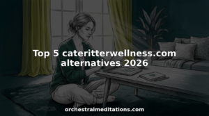 Woman browsing meditation music platforms in living room