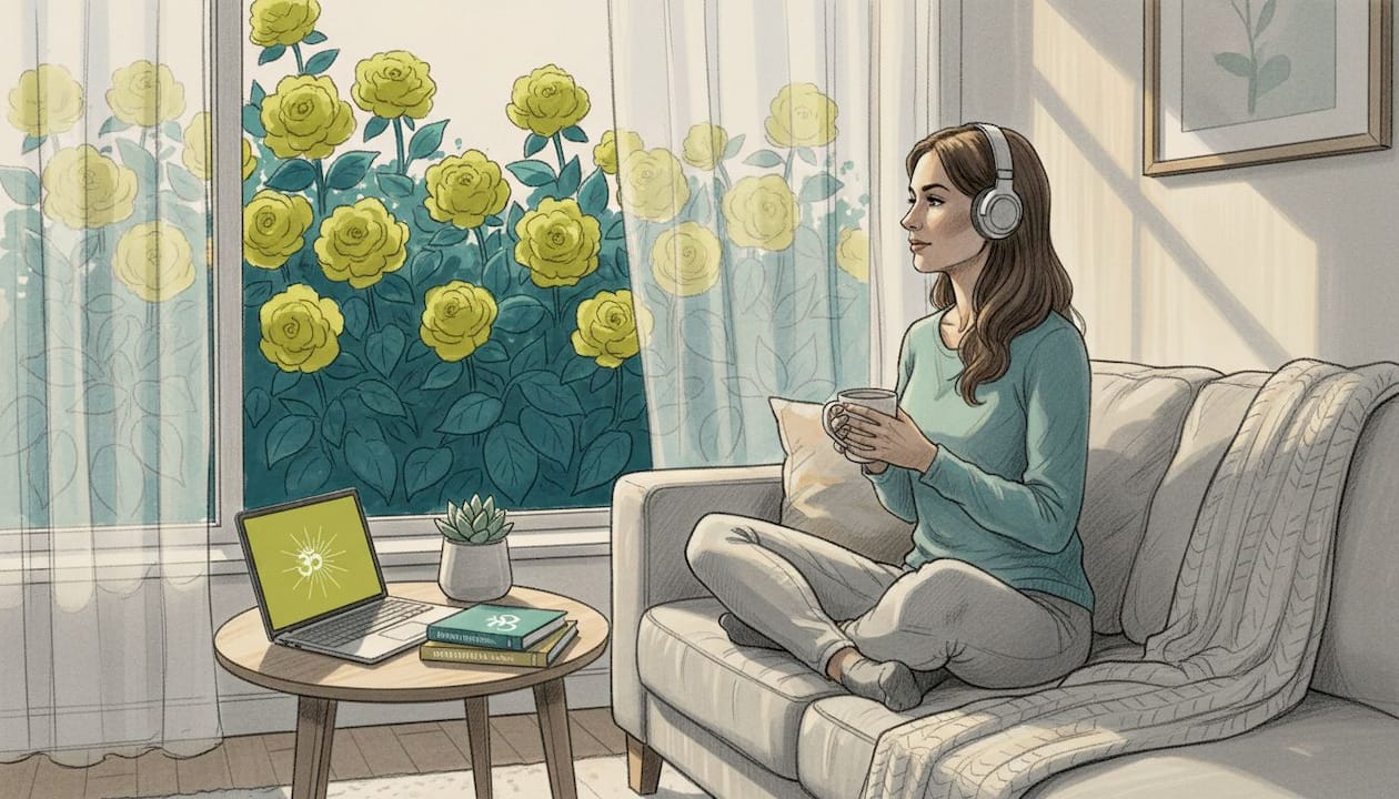 Woman enjoying mindful listening in living room