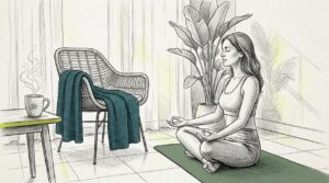 Woman practicing mindful yoga in living room