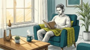 Man reading in living room with headphones