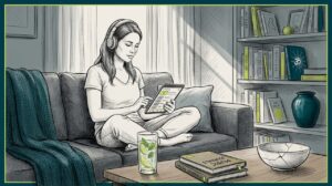 Woman listening to orchestral music at home